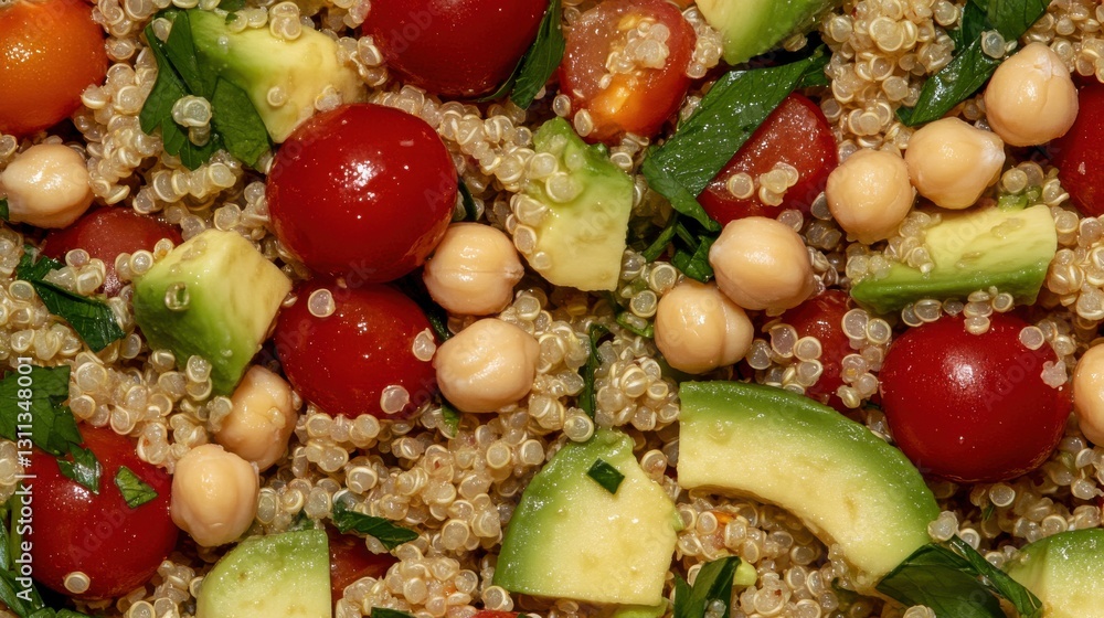 A colorful quinoa salad with avocado, cherry tomatoes, and chickpeas