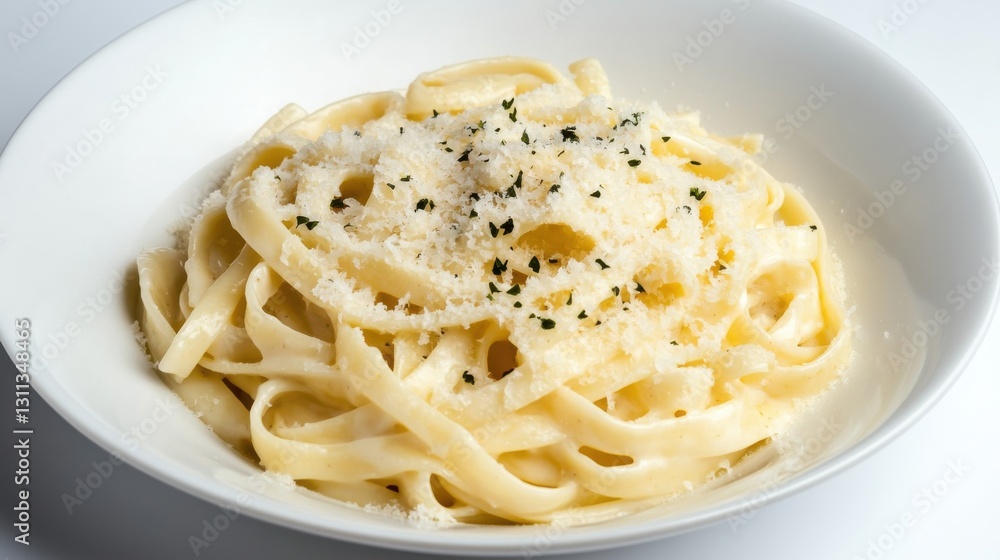 A plate of creamy fettuccine Alfredo topped with parmesan cheese