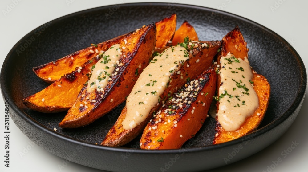 A plate of roasted sweet potatoes with tahini drizzle and sesame seeds