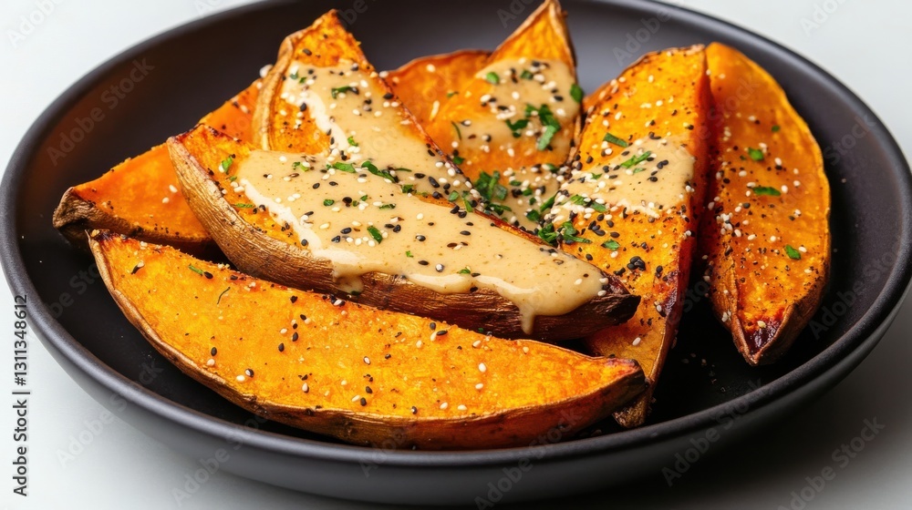 A plate of roasted sweet potatoes with tahini drizzle and sesame seeds