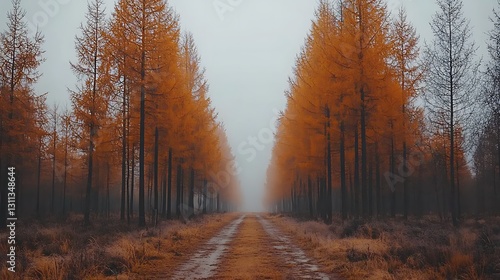 Wallpaper Mural A fog shrouded forest road lined by tall autumn trees Torontodigital.ca