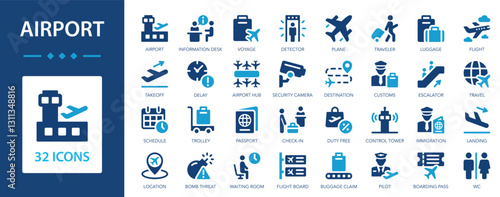 Airport flat icons collection. Plane, flight, runway, pilot, detector, landing, boarding pass, travel, baggage, arrival, tourism sign set.