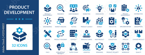Product development flat icons collection. Concept, idea, innovation, design, strategy, planning, prototype, teamwork sign set.