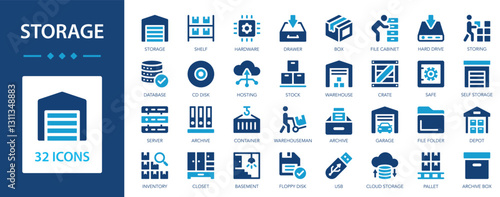 Storage flat icons collection. Warehouse, hangar, box, archive, manufacturing, database, container, garage, drawer sign set.