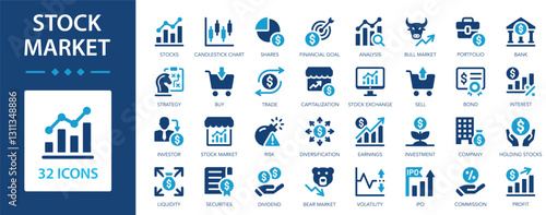 Stock market flat icons collection. Stock exchange, financial goal, bear market, investment, stocks sign set.