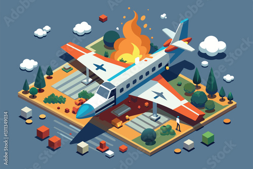 A small aircraft crashes with flames erupting, surrounded by trees, boxes, and an observer on the ground, Plane crash Customizable Isometric Illustration
