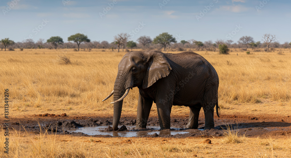 Fototapeta premium Mature elephant bull with long ivory tusks standing and drinking water in a shallow mud pool in the Kalahari 