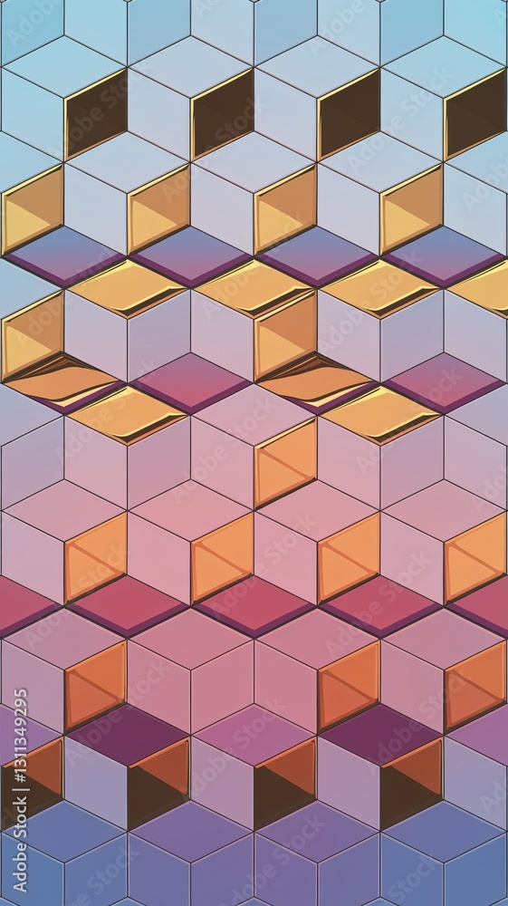 Colorful geometric pattern of 3D cubes in various shades of blue, pink, and orange. Colorful geometric pattern of 3D cubes in various shades of blue, pink, and orange.