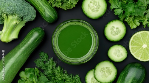 Obraz na płótnie A top-down view of an organic green juice surrounded by fresh vegetables w salonie