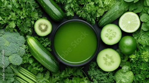 Obraz na płótnie A top-down view of an organic green juice surrounded by fresh vegetables w salonie