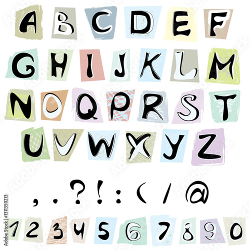 Alphabet and numbers hand drawn on the pastel colors paper patches. Vector typeface in trendy style. Letters, numbers and punctuation marks  hand draw on of colors papers. 