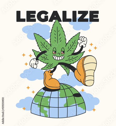 marijuana leaf character smiles and walks , cheerful print on a t-shirt, retro style	.Legalize