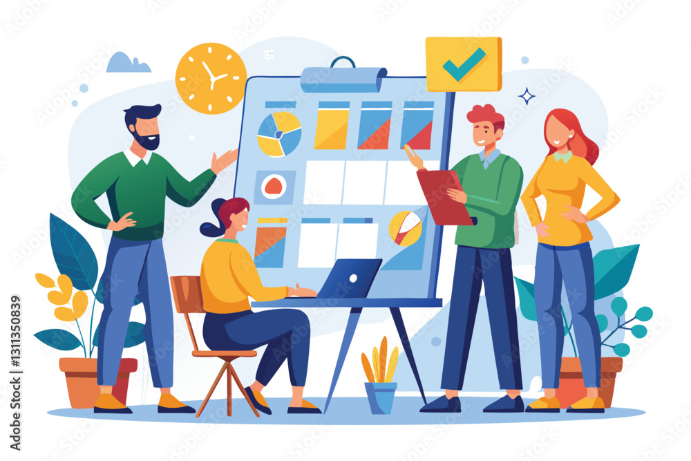 A group of professionals engages in planning discussions around a board filled with charts and notes, Planning board people concept, A group of professionals engages in planning discussions around a board filled with charts and notes, Planning board people concept,