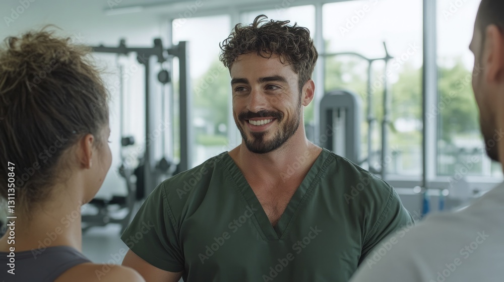 Friendly interaction in modern gym setting, showcasing fitness e Friendly interaction in modern gym setting, showcasing fitness e
