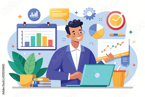 A young finance professional develops a budget using a laptop surrounded by charts and stationery, planning financial budget modern flat concept for web banner design male analyst studies financial