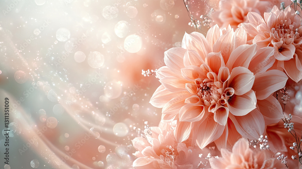 A delicate and transparent cherry blossom floats, surrounded by shimmering musical notes. The background is a pearlescent paper texture with a pink and white gradient, creating a soft and dreamy atmos A delicate and transparent cherry blossom floats, surrounded by shimmering musical notes. The background is a pearlescent paper texture with a pink and white gradient, creating a soft and dreamy atmos