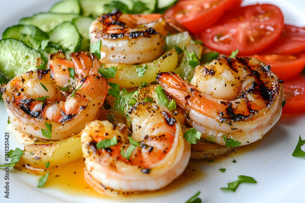 Ethically sourced grilled shrimp on a white plate, served fresh and sustainable Ethically sourced grilled shrimp on a white plate, served fresh and sustainable