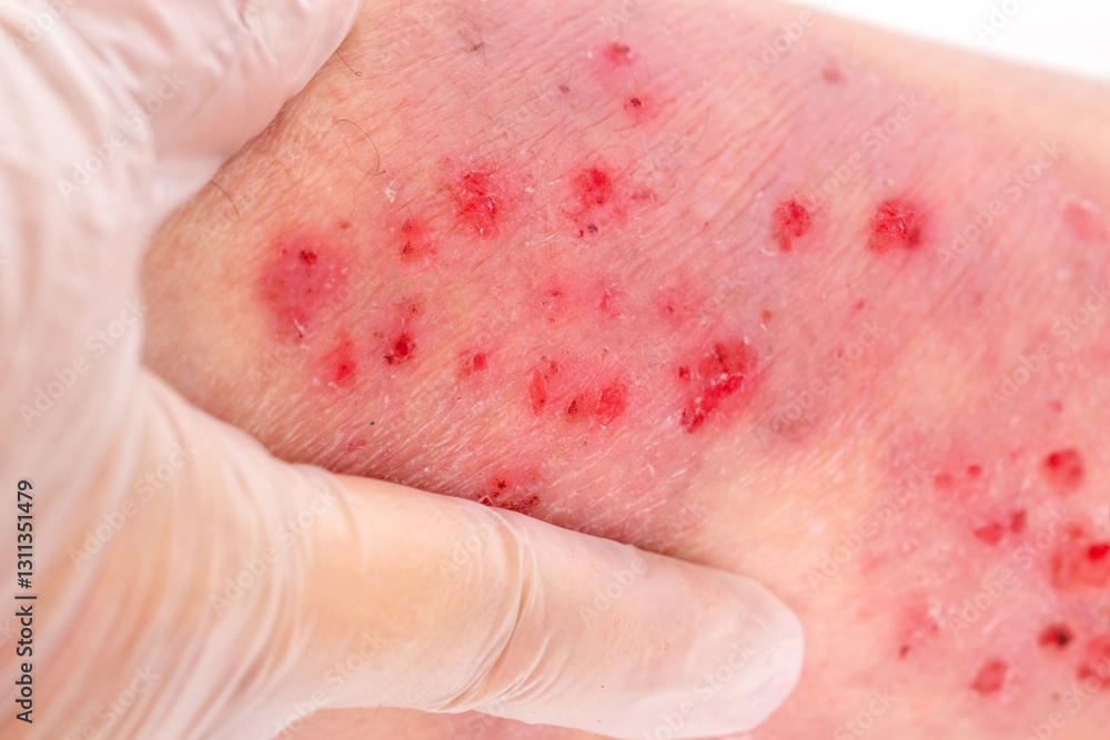 doctor treats large healing wound from on lower leg with scars adult female patient, redness, sores on limbs, scarring skin, concept medical care, health care, human tissue regeneration doctor treats large healing wound from on lower leg with scars adult female patient, redness, sores on limbs, scarring skin, concept medical care, health care, human tissue regeneration