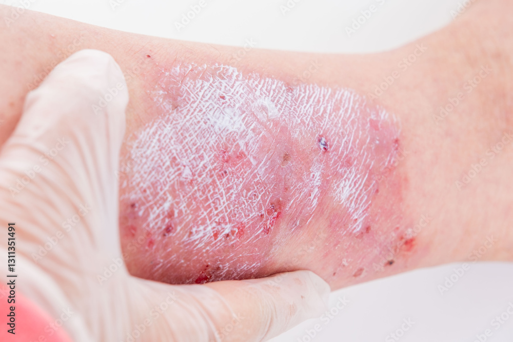 Fototapeta premium doctor applies ointment to wound from on lower leg with scars adult female patient, redness, sores on limbs, scarring skin, concept medical care, health care, human tissue regeneration
