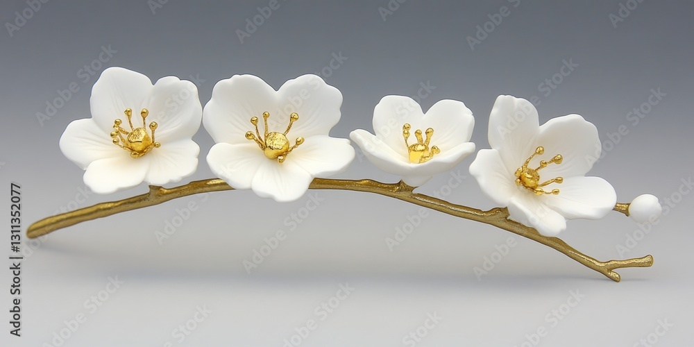 Obraz premium Elegant Gold Brooch with Delicate White Porcelain Cherry Blossoms on a Neutral Background.