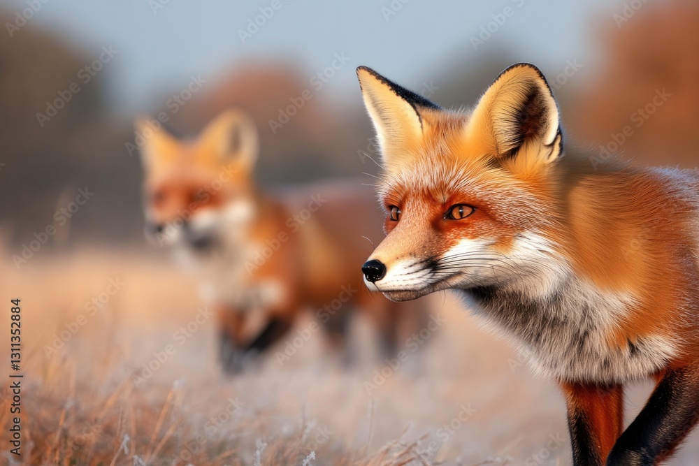 Fototapeta premium Two red foxes explore vibrant, sunlit meadow, showcasing their s