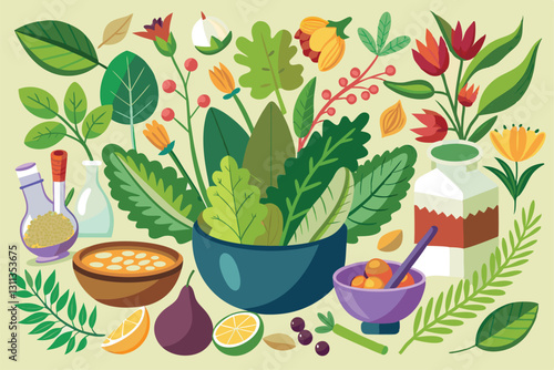 Various medicinal plants and herbs are displayed with bowls, bottles, and fresh ingredients for healing, Plants for medicine or cooking