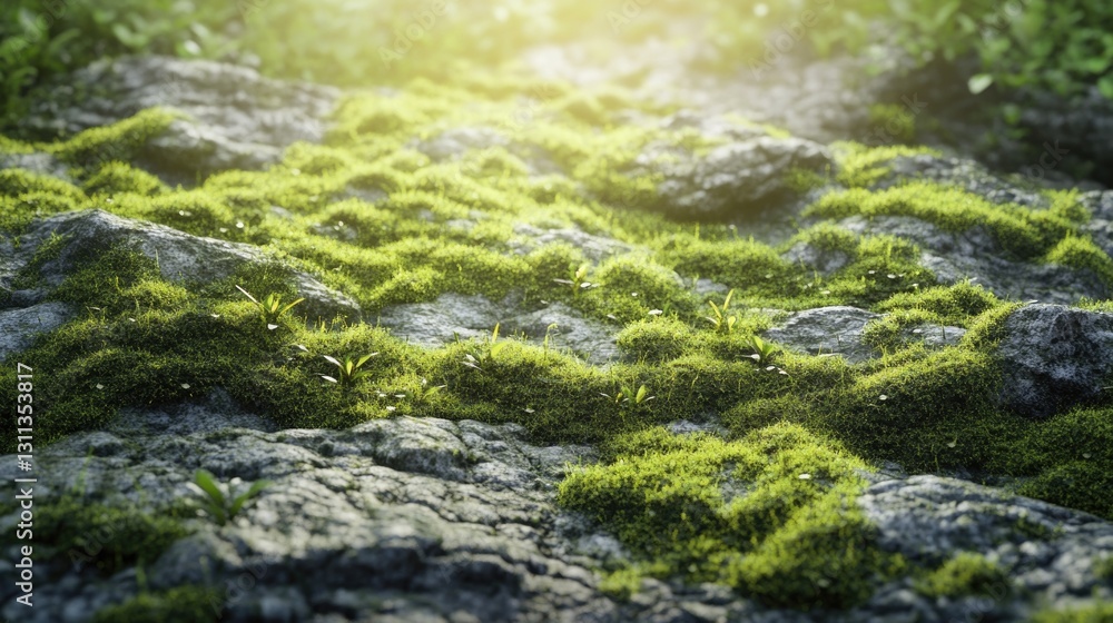 Naklejka premium Green moss growing on rocks with some sunlight shining down