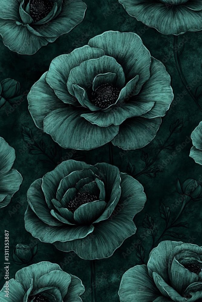 Fototapeta premium Dark Green Floral Pattern, Seamless Botanical Design With Large Flowers, Vintage Textile Design