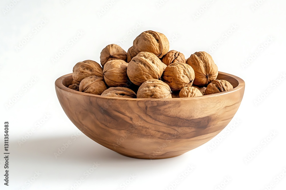 A wooden bowl containing whole walnuts is displayed against a white background A wooden bowl containing whole walnuts is displayed against a white background
