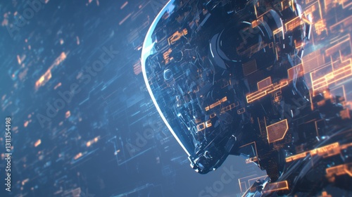 Futuristic Robot Head with Glowing Circuitry and Digital Elements