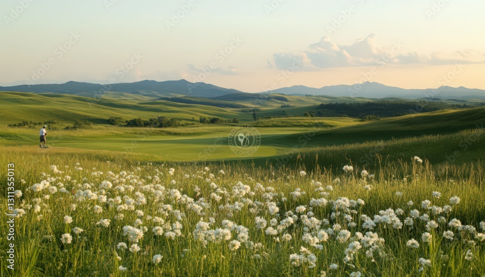 Golfer Walking Through White Flower Field Towards a Green Golf Course at Sunset Golfer Walking Through White Flower Field Towards a Green Golf Course at Sunset