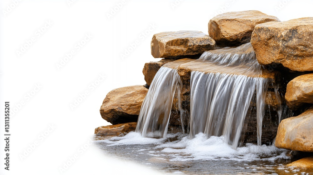 Obraz premium Small Waterfall Over Tan Rocks On White Background