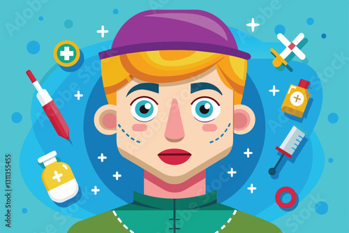 A cartoon character explores various plastic surgery options with medical tools and products around, Plastic surgery Customizable Cartoon Illustration