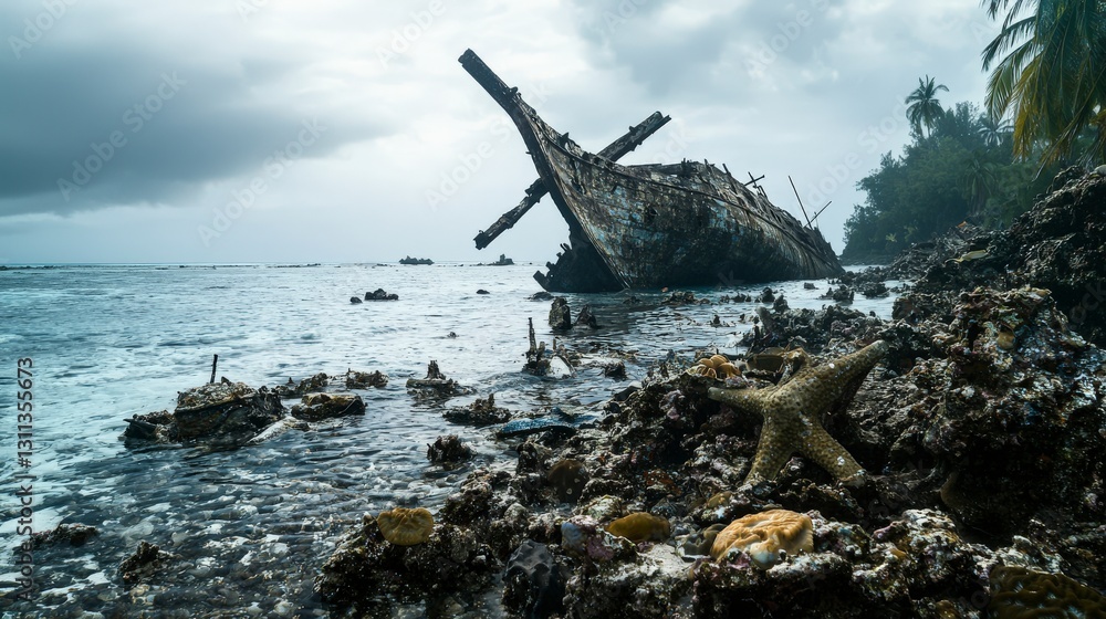 Fototapeta premium Historical shipwreck discovery underwater ocean coast marine photography rugged landscape dramatic viewpoint