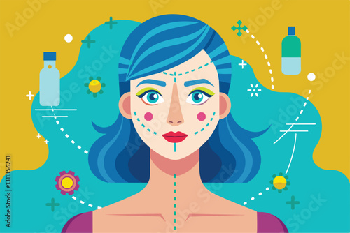 A flat illustration depicts a woman considering customizable facial enhancement options with various products, Plastic surgery Customizable Semi Flat Illustration