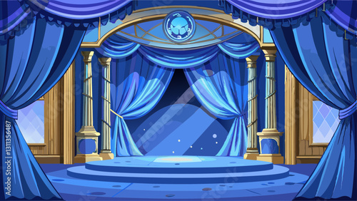 Luxurious blue velvet curtains draping an empty theater stage, theater, stage, velvet, blue, luxurious, elegant