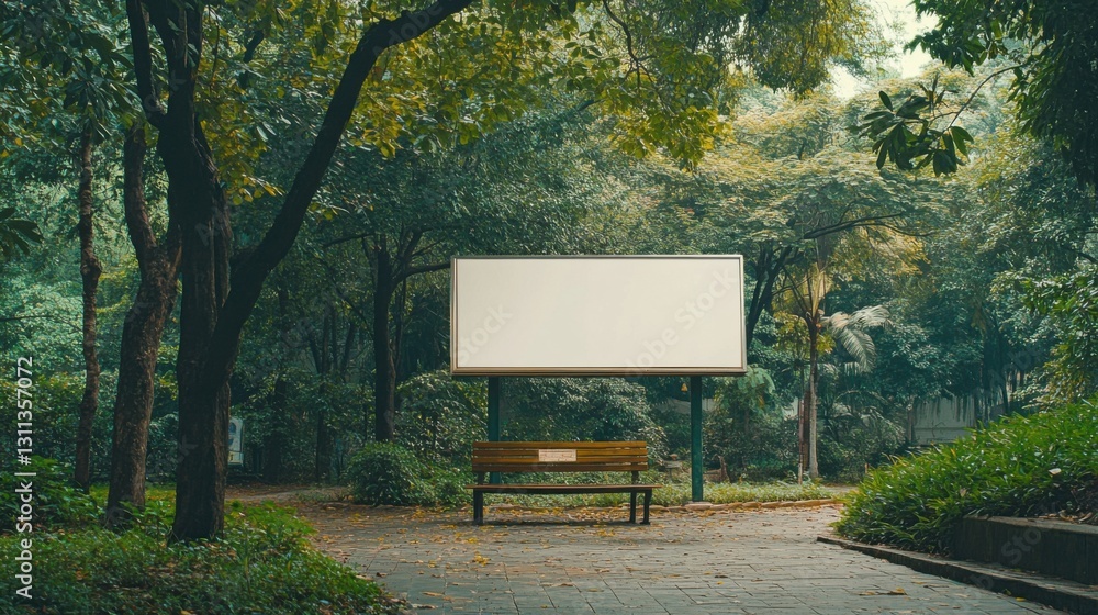 Naklejka premium blank billboard in lush green park with bench
