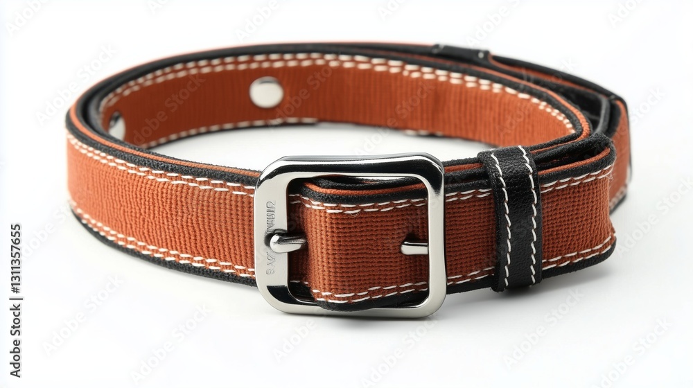 Brown fabric dog collar with a silver buckle and contrasting stitching on a white background. Isolated Pet Accessories & Supplies Brown fabric dog collar with a silver buckle and contrasting stitching on a white background. Isolated Pet Accessories & Supplies