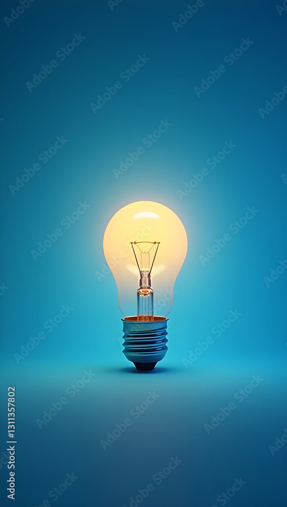 Illuminated Light Bulb on Blue Background. Creativity, Idea