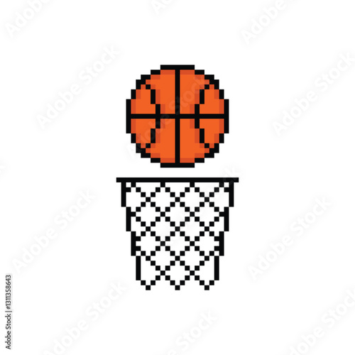 pixel   basketball hoop and ball pixel art icon element for 8 bit game