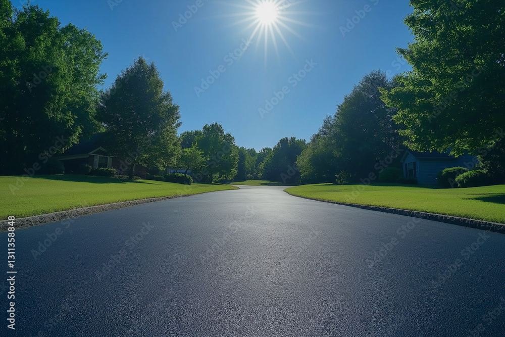 Wide Empty Parking Lot Under Clear Blue Sky with Bright Sunlight – Peaceful Outdoor Scene Surrounded by Lush Green Trees & Grass – Tranquil and Serene Atmosphere with Warm, Inviting Vibes Wide Empty Parking Lot Under Clear Blue Sky with Bright Sunlight – Peaceful Outdoor Scene Surrounded by Lush Green Trees & Grass – Tranquil and Serene Atmosphere with Warm, Inviting Vibes