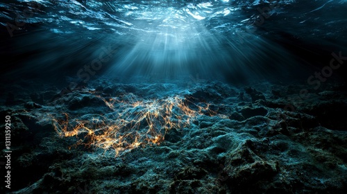 Sonar waves mapping the ocean floor underwater exploration digital art ocean aerial view marine technology