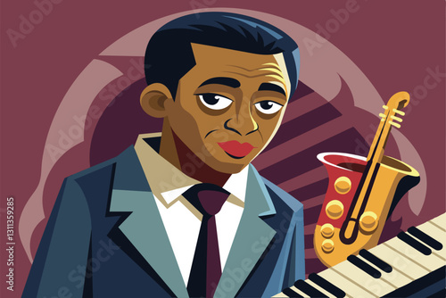 A talented jazz musician passionately performs on stage with a saxophone in a lively atmosphere, Playing jazz Customizable Cartoon Illustration