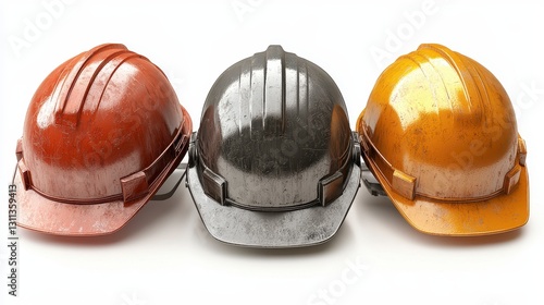 Three differently colored hard hats isolated on a white background representing safety and accident prevention themes photo