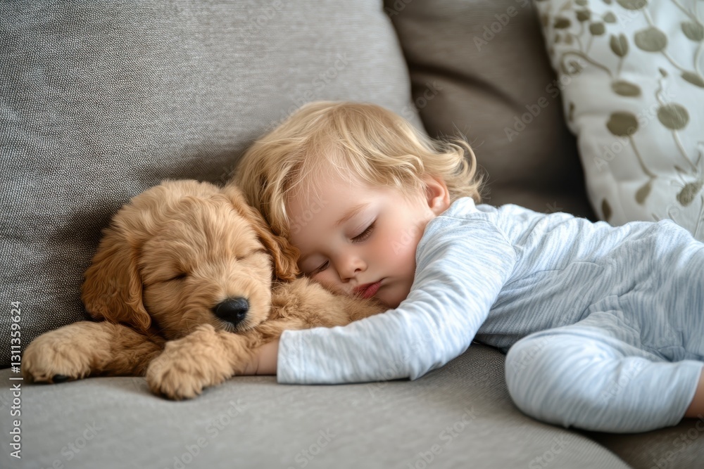 Toddler sleeping on sofa with adorable golden retriever puppy Toddler sleeping on sofa with adorable golden retriever puppy