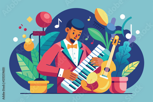 A musician performs jazz on a keyboard surrounded by vibrant plants and colorful decor, Playing jazz Customizable Flat Illustration