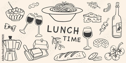 Minimalist hand drawn food and drinks illustration. Sketch lunch icons in crayon drawing style. Vector of wine glass, spaghetti, olives, cheese. Doodle mediterranean food. La dolce vita italian style
