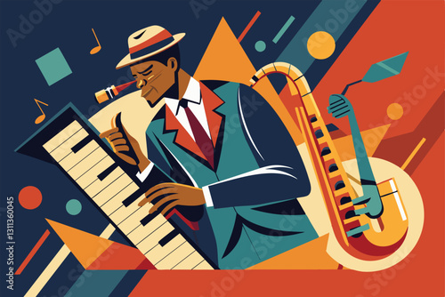 A talented jazz musician passionately performs on a customizable semi flat keyboard surrounded by vibrant colors, Playing jazz Customizable Semi Flat Illustration
