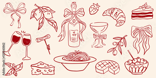 Hand drawn chalk food illustrations. Wedding or romantic dinner icons. Summer Italian picnic. Champagne, cheese, dessert drawings for wedding invitations, cafe, parties. La dolce vita concept.