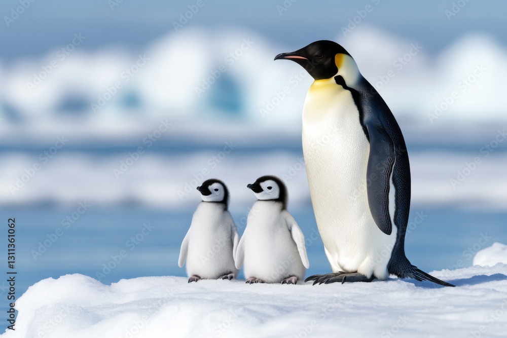 Naklejka premium A majestic emperor penguin stands beside its two adorable chicks on ice